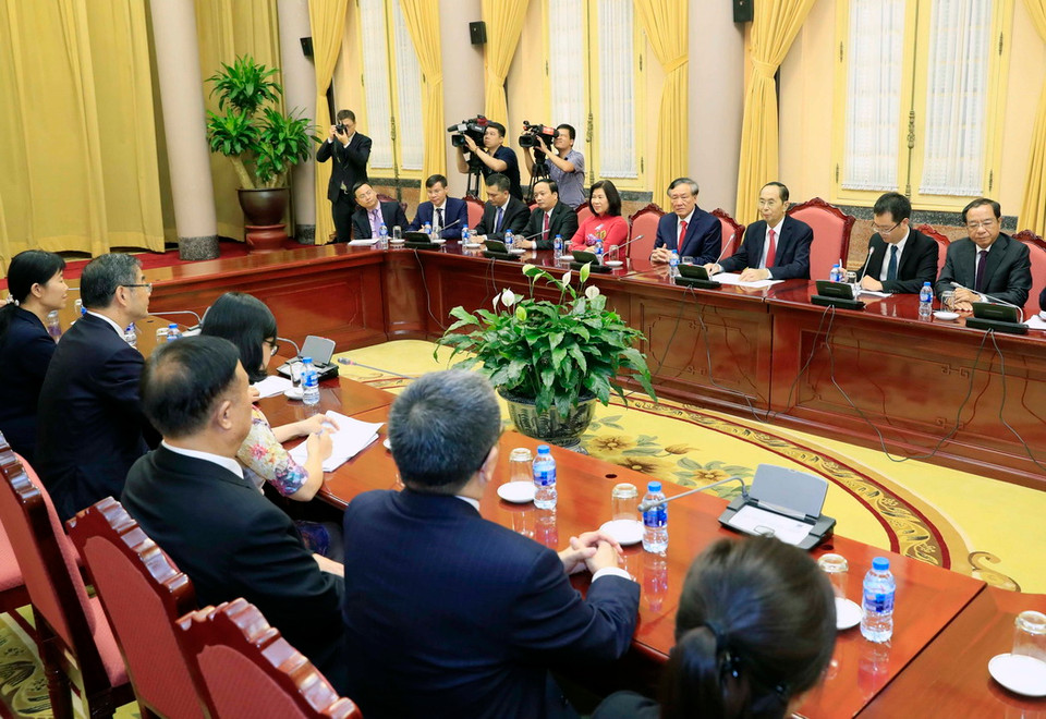 Chiều 19/9, tại Phủ Chủ tịch, Chủ tịch nước Trần Đại Quang tiếp đồng chí Chu Cường, Chánh án Toà án nhân dân Tối cao Trung Quốc đang có chuyến thăm và làm việc tại Việt Nam. (Ảnh: TTXVN)