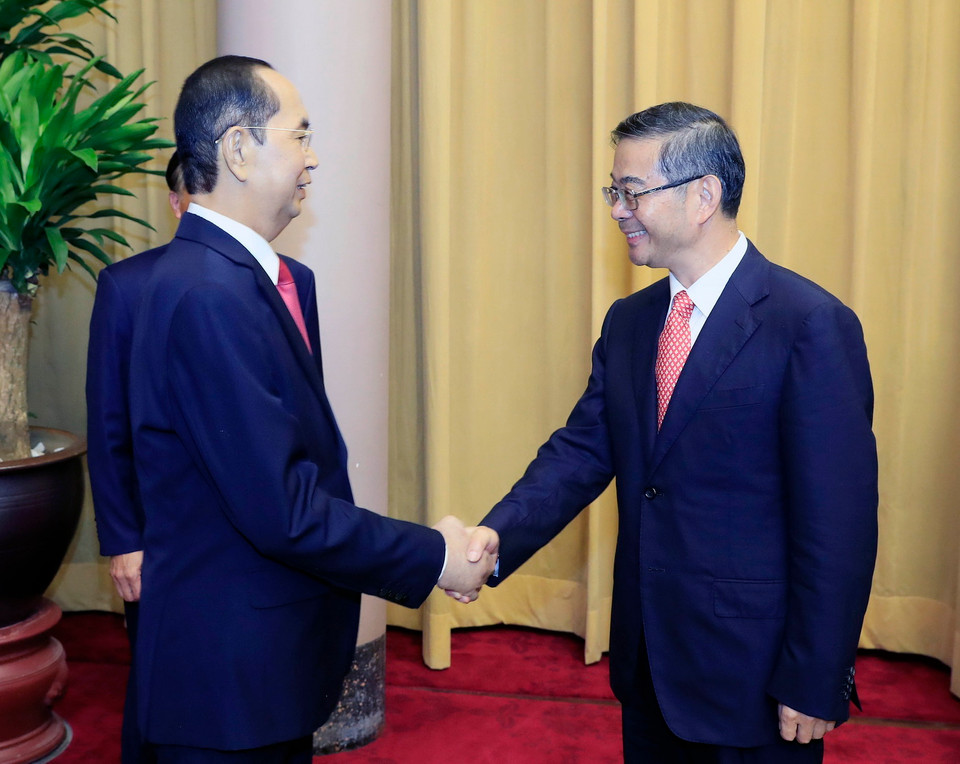 Chiều 19/9/2018, tại Phủ Chủ tịch, Chủ tịch nước Trần Đại Quang tiếp đồng chí Chu Cường, Chánh án Toà án nhân dân Tối cao Trung Quốc đang có chuyến thăm và làm việc tại Việt Nam. (Ảnh: TTXVN)