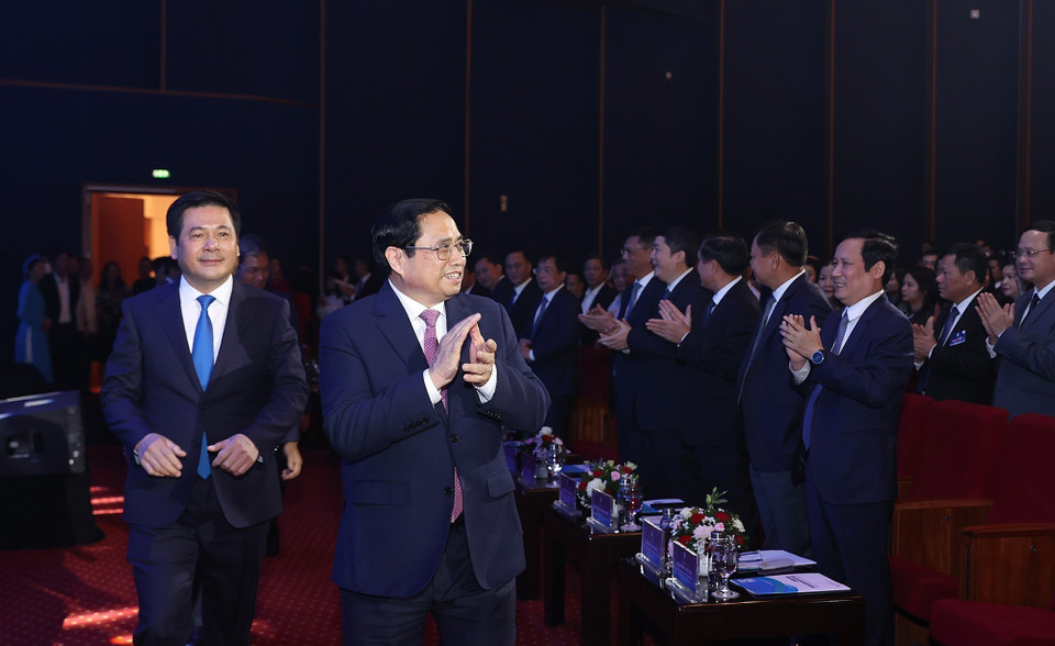 Thủ tướng Phạm Minh Chính đến dự Lễ công bố sản phẩm đạt Thương hiệu quốc gia Việt Nam năm 2022. (Ảnh: Dương Giang/TTXVN)