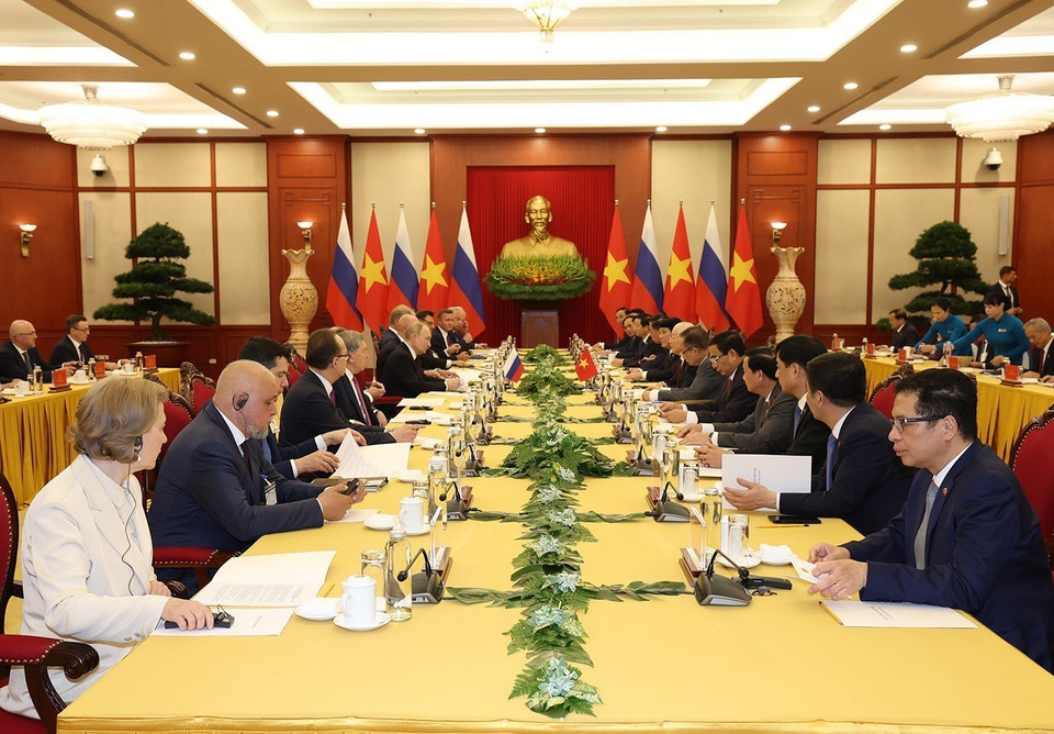 Tổng Bí thư Nguyễn Phú Trọng và Tổng thống Liên bang Nga Vladimir Putin hội đàm. (Ảnh: Trí Dũng/TTXVN)