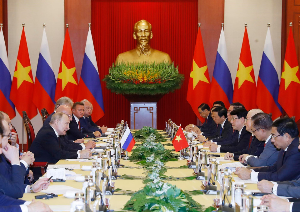 Tổng Bí thư Nguyễn Phú Trọng và Tổng thống Liên bang Nga Vladimir Putin hội đàm. (Ảnh: Trí Dũng/TTXVN)