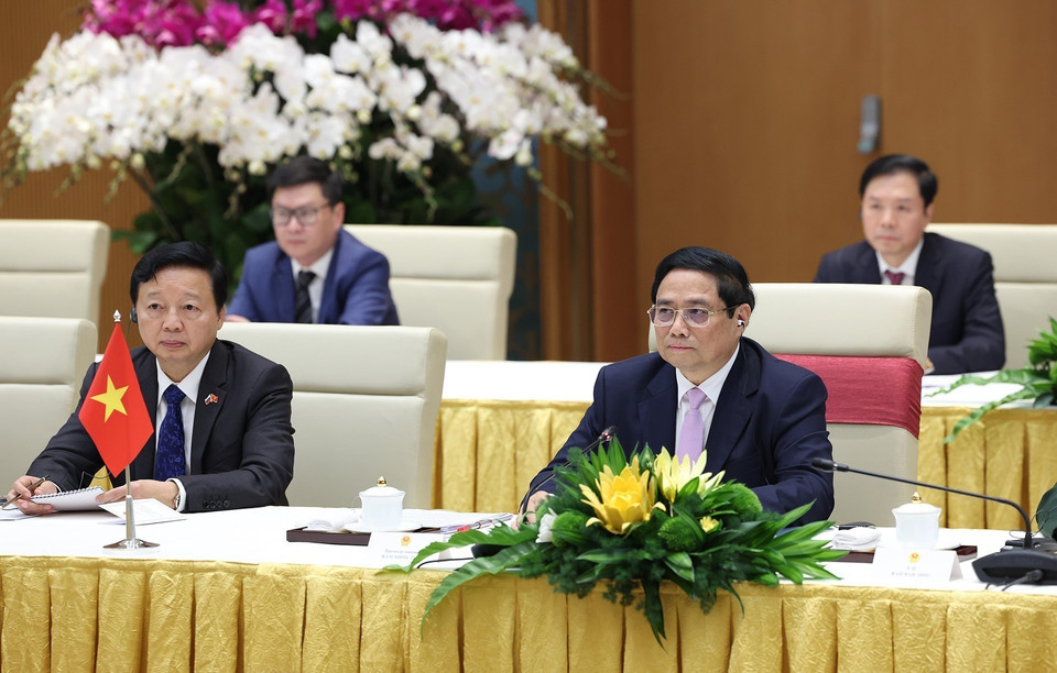 Thủ tướng Phạm Minh Chính phát biểu tại cuộc hội kiến Tổng thống Liên bang Nga Vladimir Putin. (Ảnh: Dương Giang/TTXVN)