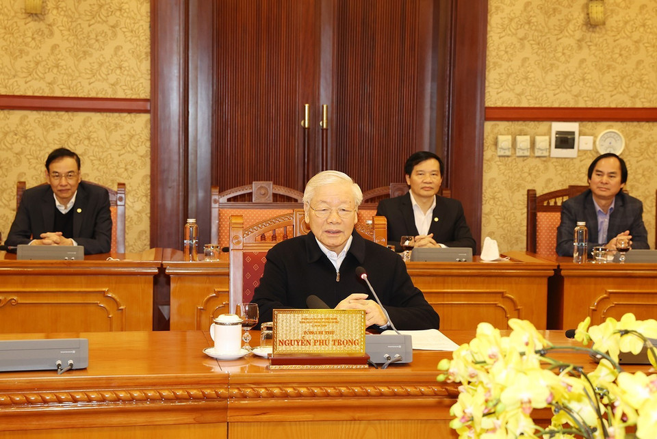 Tổng Bí thư Nguyễn Phú Trọng phát biểu chỉ đạo cuộc họp. (Ảnh: Trí Dũng/TTXVN)