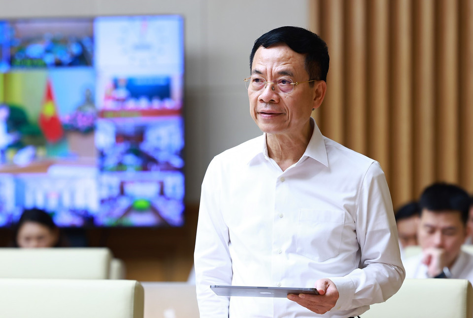 Bộ trưởng Bộ Thông tin và Truyền thông Nguyễn Mạnh Hùng phát biểu. (Ảnh: Dương Giang/TTXVN)