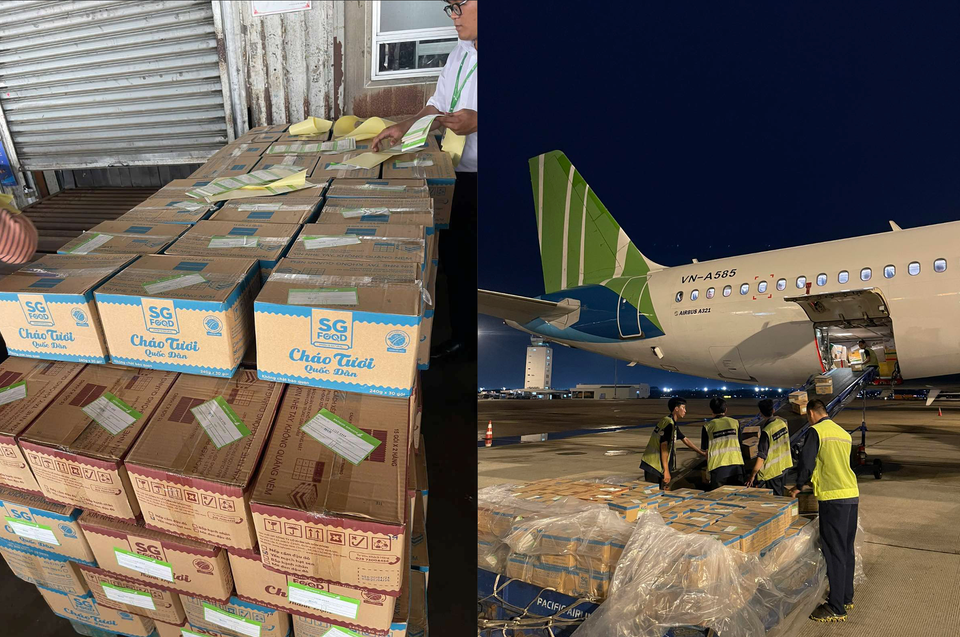 Hãng hàng không Bamboo Airways cũng vận chuyển hàng hóa gửi từ Thành phố Hồ Chí Minh ra cứu trợ người dân vùng lũ trong tối 11/9. (Ảnh: PV/Vietnam+)