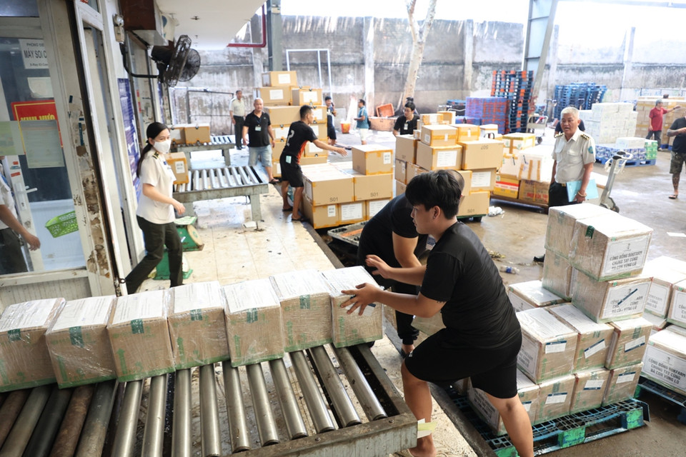 Hàng hóa hỗ trợ gồm các nhu yếu phẩm như thuốc men, thực phẩm (sữa, bánh mì, thịt hộp...) và các vật dụng cần thiết khác trên 16 chuyến bay từ Thành phố Hồ Chí Minh, Nha Trang, Buôn Ma Thuột, Vinh... đến Hà Nội để chuyển tiếp đi các vùng bị ảnh hưởng bởi bão lũ. (Ảnh: PV/Vietnam+)