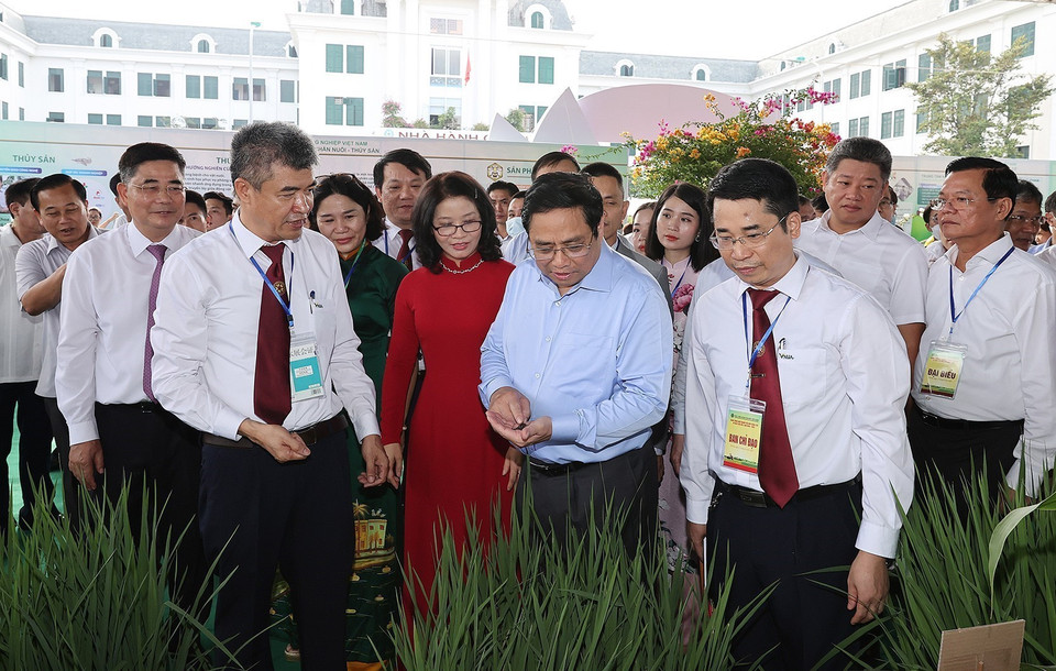 Hình ảnh Thủ tướng Phạm Minh Chính thăm các gian hàng trưng bày sản phẩm nông nghiệp. (Ảnh: Dương Giang/TTXVN)