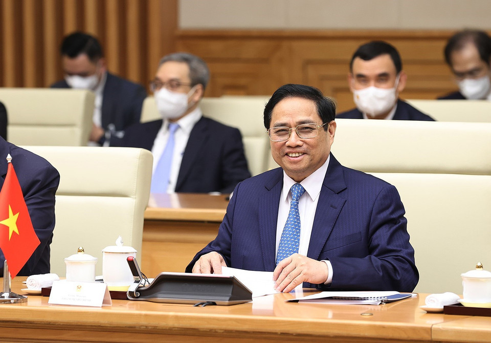 Thủ tướng Phạm Minh Chính phát biểu tại cuộc hội đàm với Thủ tướng Lào Phankham Viphavanh. (Ảnh: Dương Giang/TTXVN)