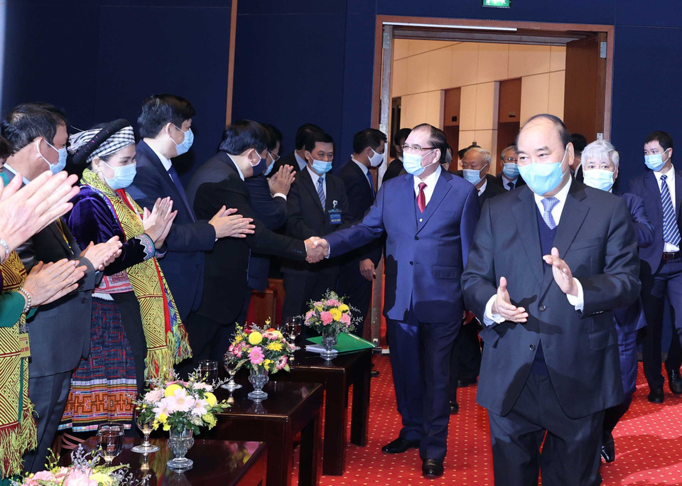 Thủ tướng Nguyễn Xuân Phúc đến dự Đại hội. (Ảnh: Thống Nhất/TTXVN)