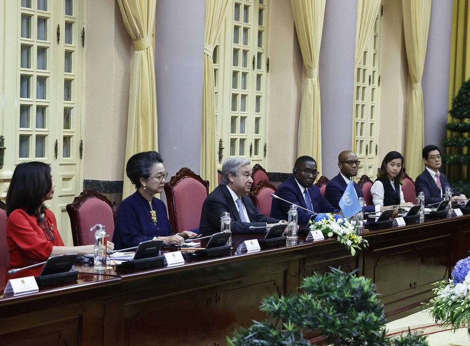 Tổng Thư ký Liên hợp quốc António Guterresphát biểu tại buổi hội đàm. (Ảnh: Lâm Khánh/TTXVN)