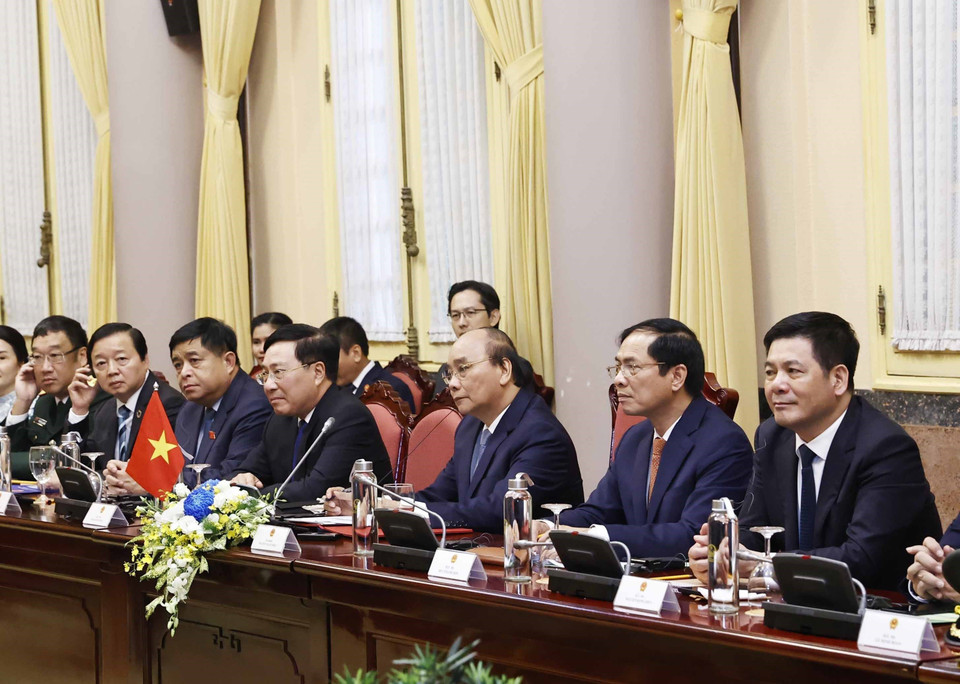 Chủ tịch nước Nguyễn Xuân Phúc phát biểu tại buổi hội đàm với Tổng Thư ký Liên hợp quốc António Guterres. (Ảnh: Lâm Khánh/TTXVN)