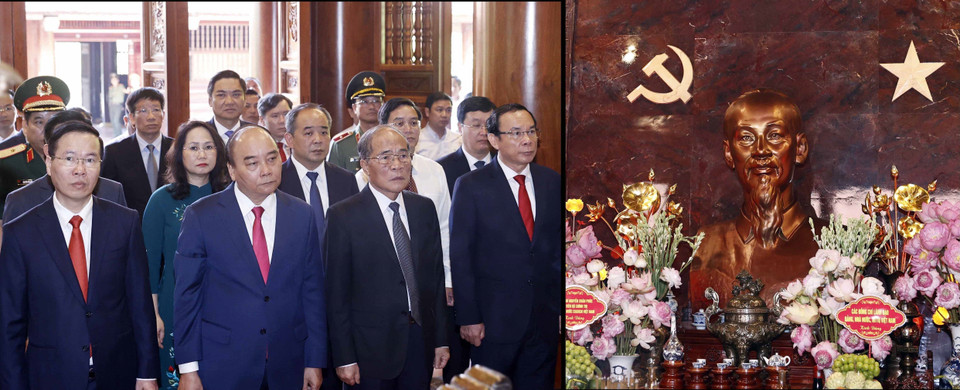 Chủ tịch nước Nguyễn Xuân Phúc cùng các lãnh đạo, nguyên lãnh đạo Đảng, Nhà nước dâng hương tưởng niệm Chủ tịch Hồ Chí Minh. (Ảnh: Thống Nhất/TTXVN)