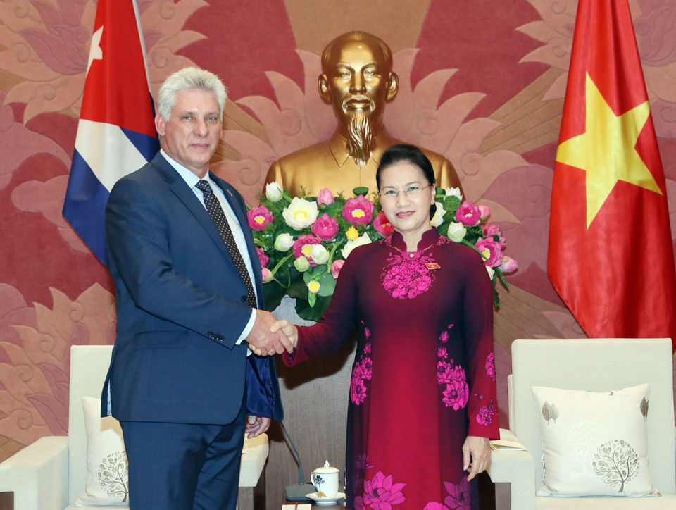 Chiều 9/11/2018, tại Nhà Quốc hội, Chủ tịch Quốc hội Nguyễn Thị Kim Ngân hội kiến Chủ tịch Hội đồng Nhà nước và Hội đồng Bộ trưởng Cuba Miguel Díaz-Canel Bermúdez thăm hữu nghị chính thức Việt Nam. (Ảnh: Trọng Đức/TTXVN)