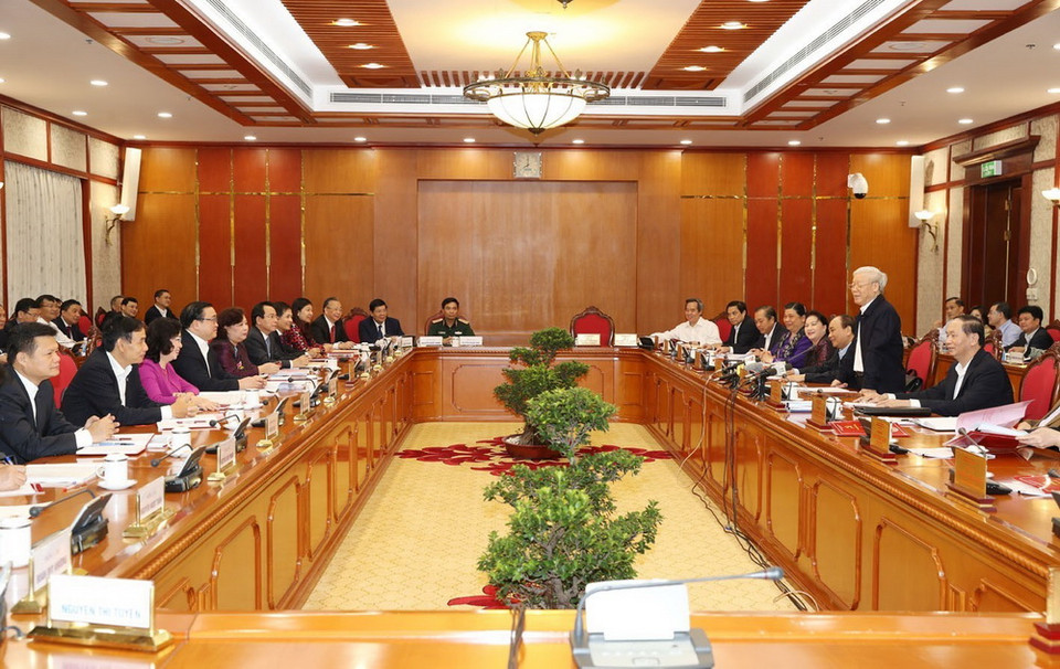 Tổng Bí thư Nguyễn Phú Trọng phát biểu tại buổi làm việc. (Ảnh: Trí Dũng/TTXVN)