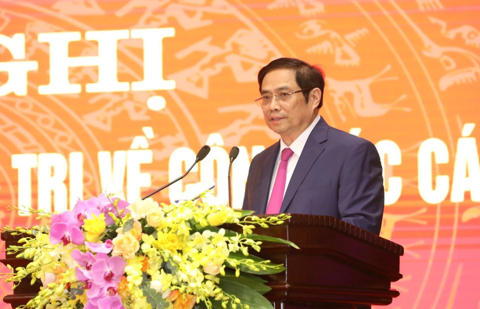 Đồng chí Phạm Minh Chính, Ủy viên Bộ Chính trị, Bí thư Trung ương Đảng, Trưởng Ban Tổ chức Trung ương phát biểu. (Ảnh: Văn Điệp/TTXVN)