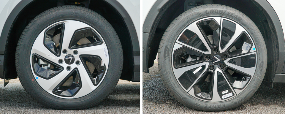 Lazang VF8 phiên bản Eco (trái) và phiên bản Plus (phải). Cả hai đều có kích cỡ 20 inch chất liệu hợp kim. (Ảnh: Minh Hiếu/Vietnam+)