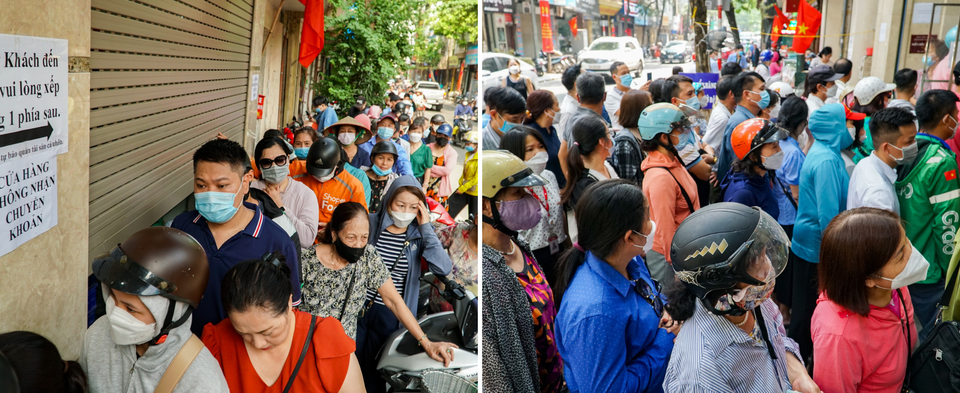 Theo ghi nhận thời điểm 10 giờ sáng ngày 7/9, bên cạnh hàng xe máy dựng ngoài vỉa hè là hàng chục người xếp hàng nối đuôi nhau chờ tới lượt mua bánh tại 2 cơ sở sản xuất bánh Trung Thu Bảo Phương trên phố Thụy Khuê. (Ảnh: Minh Hiếu/Vietnam+)