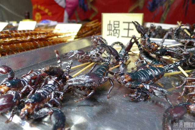 Những con bọ cạp chiên giòn còn giữ nguyên hình dáng. (Nguồn: shanghaiist.com)