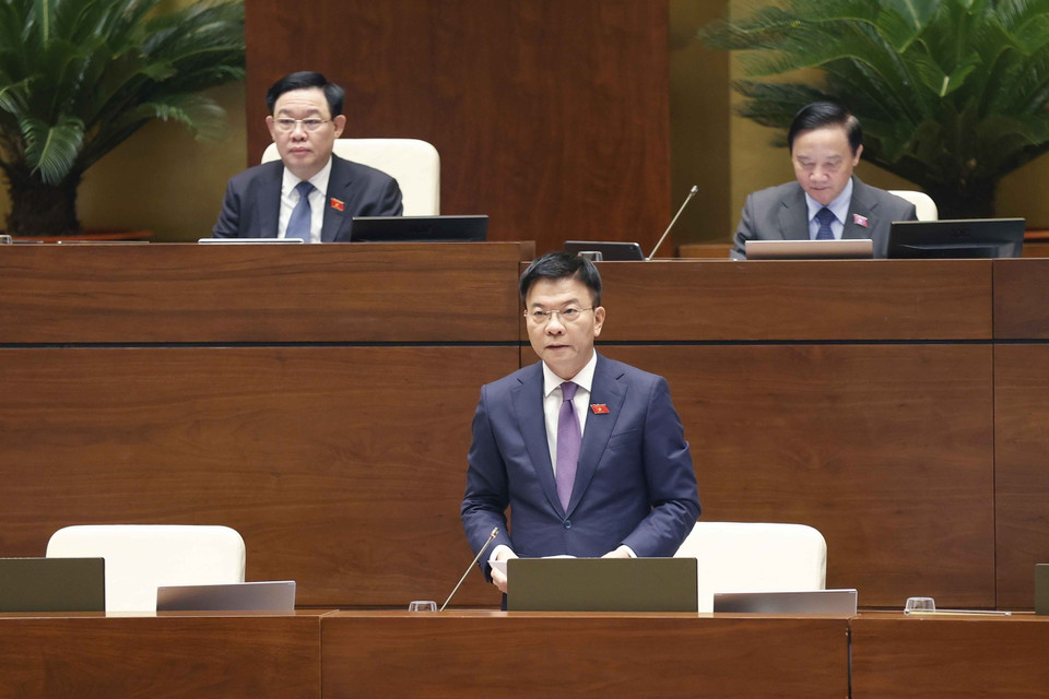 Bộ trưởng Bộ Tư pháp Lê Thành Long trả lời chất vấn. (Ảnh: Doãn Tấn/TTXVN)