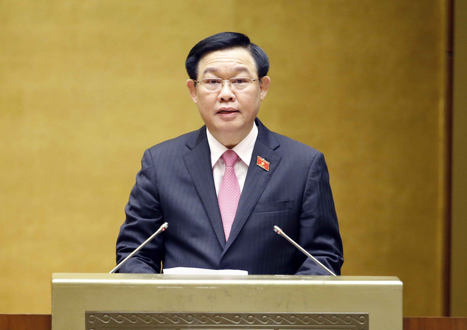 Sáng 27/7, trước khi tiếp tục chương trình Kỳ họp thứ nhất, Quốc hội khóa XV, Chủ tịch Quốc hội Vương Đình Huệ có bài phát biểu nhân kỷ niệm 74 năm Ngày Thương binh-Liệt sỹ (27/7/1947-27/7/2021). (Ảnh: Doãn Tấn/TTXVN)