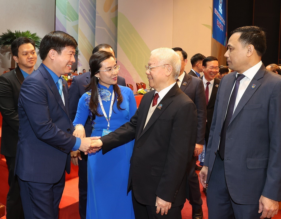 Tổng Bí thư Nguyễn Phú Trọng với các đại biểu dự đại hội. (Ảnh: Trí Dũng/TTXVN)