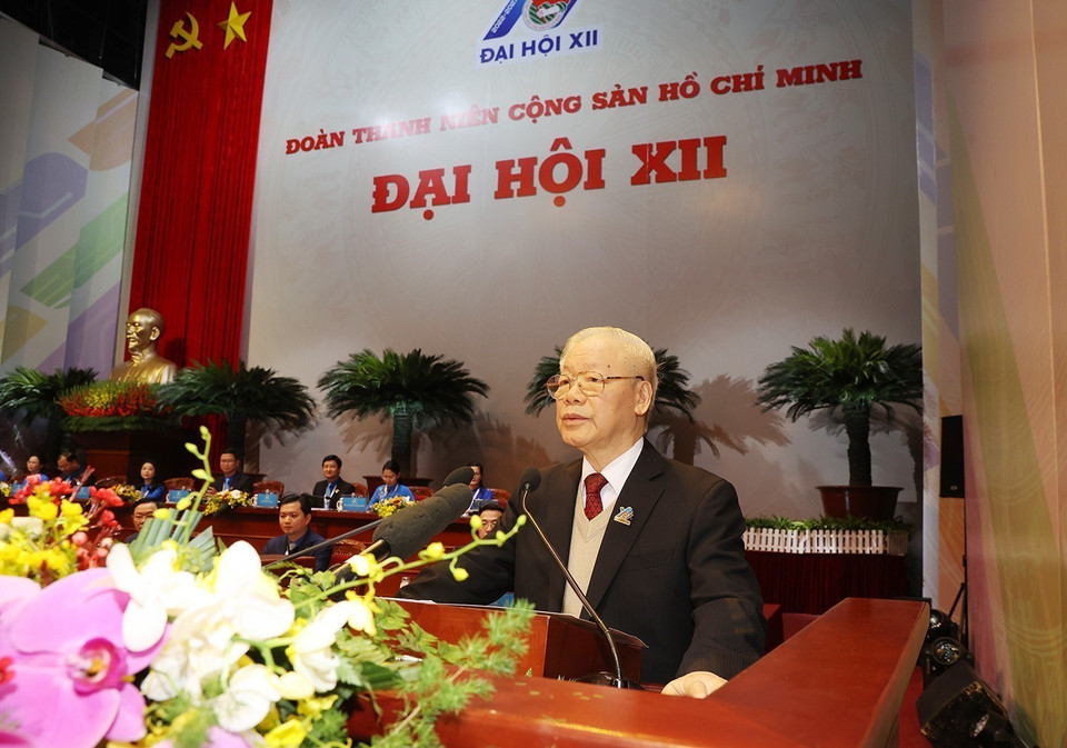 Tổng Bí thư Nguyễn Phú Trọng phát biểu chỉ đạo tại Đại hội đại biểu toàn quốc Đoàn Thanh niên Cộng sản Hồ Chí Minh. (Ảnh: Trí Dũng/TTXVN)