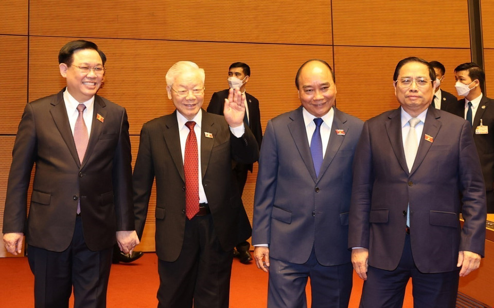 Tổng Bí thư Nguyễn Phú Trọng, Chủ tịch nước Nguyễn Xuân Phúc, Thủ tướng Phạm Minh Chính, Chủ tịch Quốc hội Vương Đình Huệ tới dự phiên bế mạc. (Ảnh: Trí Dũng/TTXVN)