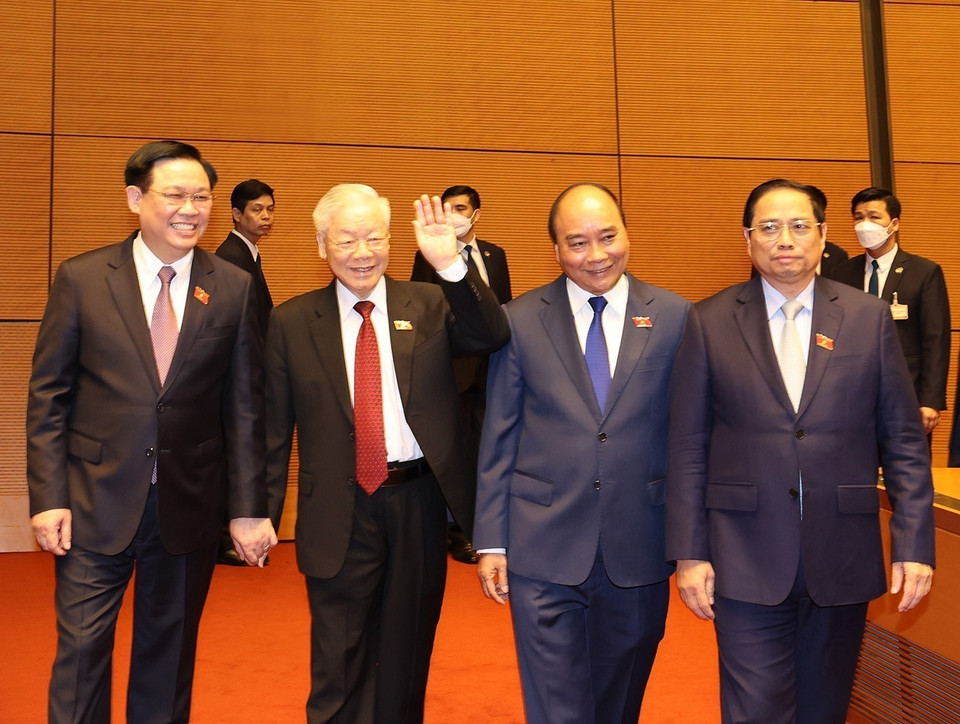 Hình ảnh Tổng Bí thư Nguyễn Phú Trọng, Chủ tịch nước Nguyễn Xuân Phúc, Thủ tướng Phạm Minh Chính, Chủ tịch Quốc hội Vương Đình Huệ tới dự phiên bế mạc. (Ảnh: Trí Dũng/TTXVN) 