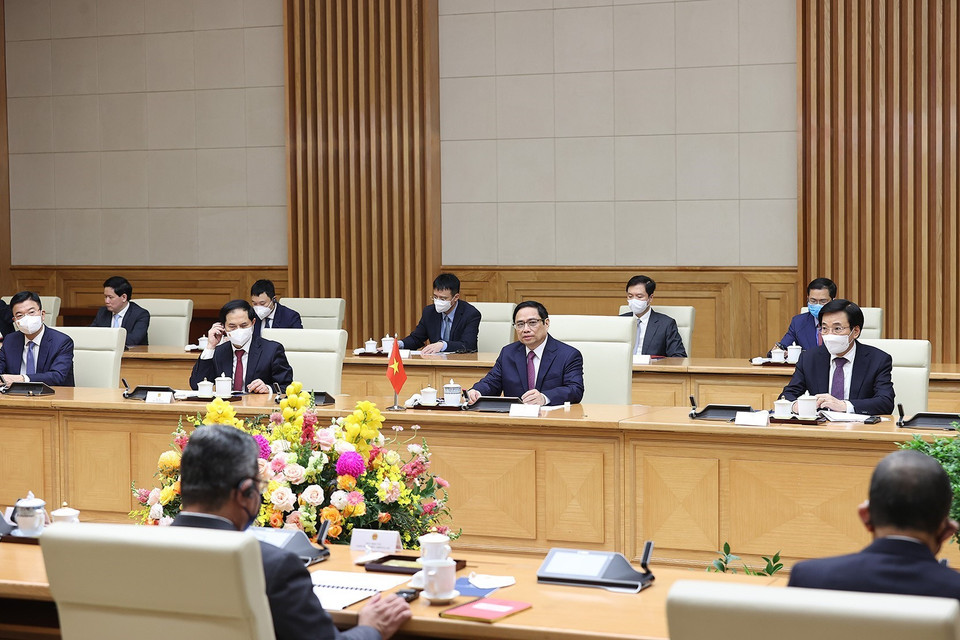 Thủ tướng Phạm Minh Chính phát biểu tại buổi hội đàm. (Ảnh: Dương Giang/TTXVN)