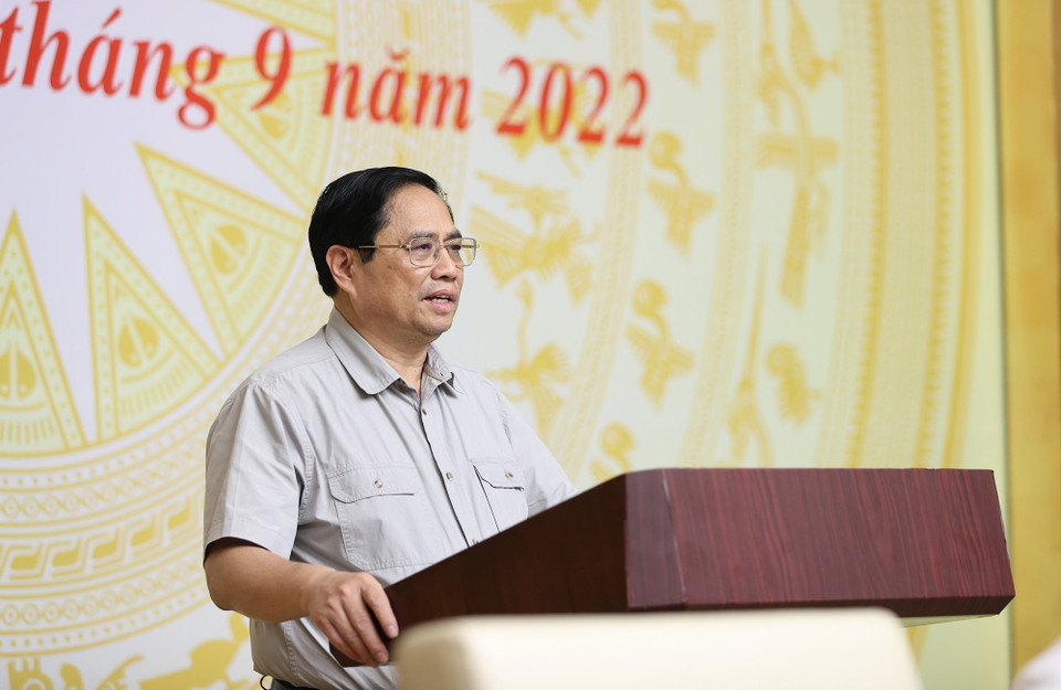 Thủ tướng Phạm Minh Chính phát biểu tại điểm cầu Trụ sở Chính phủ. (Ảnh: Dương Giang/TTXVN)