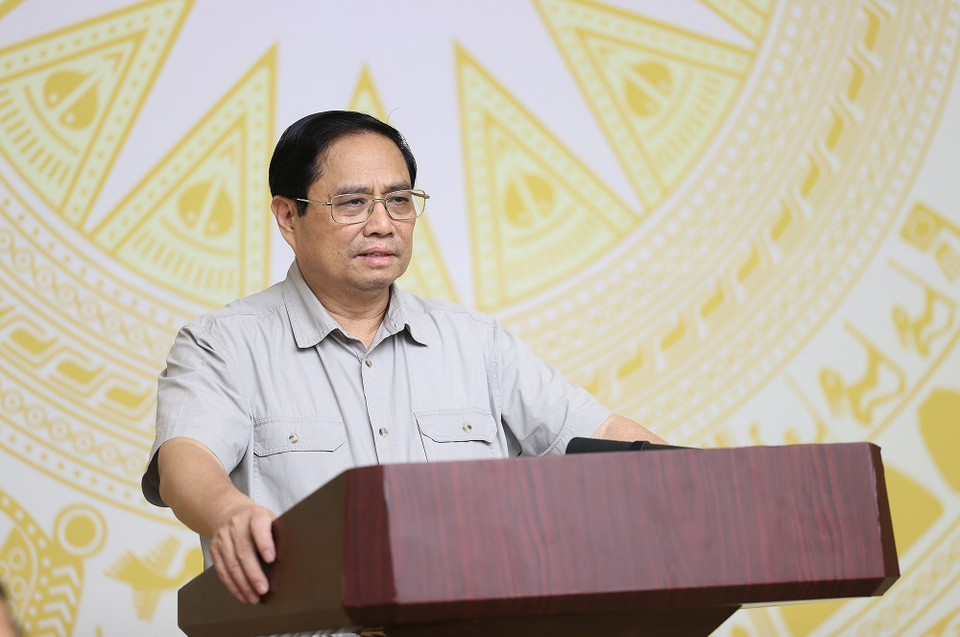 Hình ảnh Thủ tướng Phạm Minh Chính phát biểu tại điểm cầu Trụ sở Chính phủ. (Ảnh: Dương Giang/TTXVN)