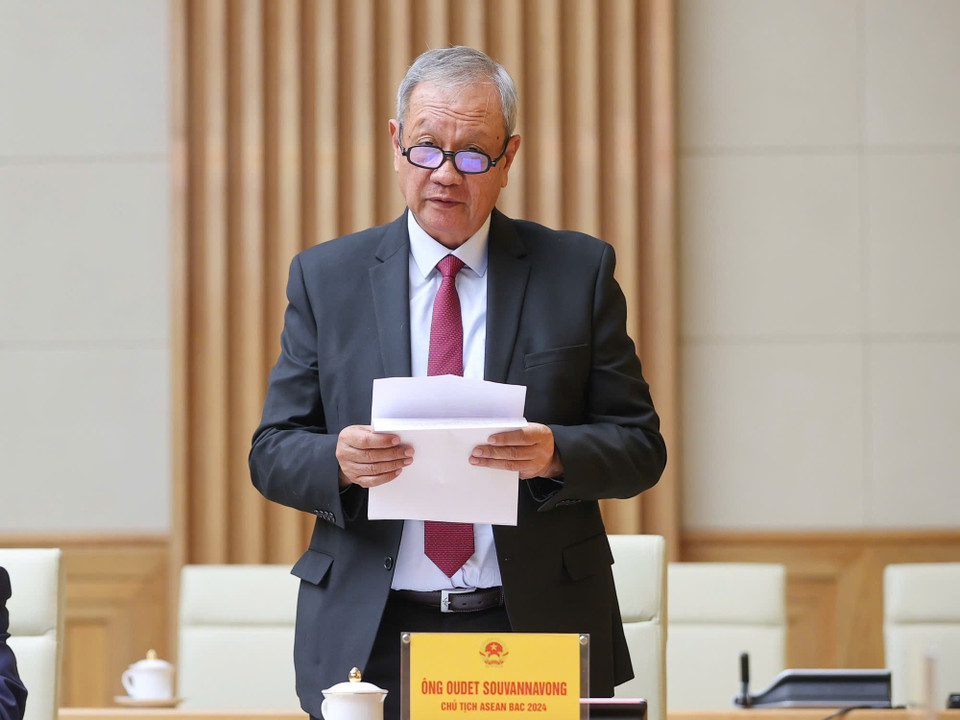 Ông Oudet Souvannavong, Chủ tịch ASEAN BAC 2024 phát biểu. (Ảnh: Dương Giang/TTXVN)
