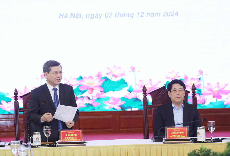 Bí thư Trung ương Đảng, Chánh án Tòa án Nhân dân tối cao Lê Minh Trí phát biểu. (Ảnh: Lâm Khánh/TTXVN)