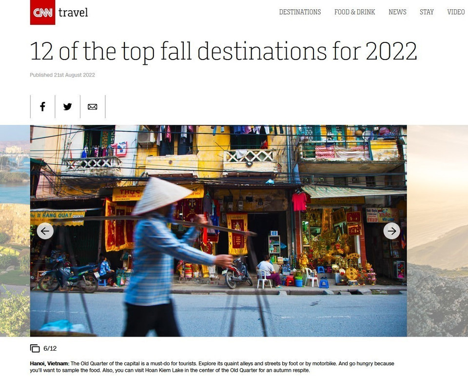 Trang CNN (Mỹ) chọn Hà Nội là một trong 12 điểm đến thú vị nhất thế giới mùa Thu 2022 với những hấp dẫn mà du khách không thể bỏ qua. (Ảnh: Lâm Khánh/TTXVN)