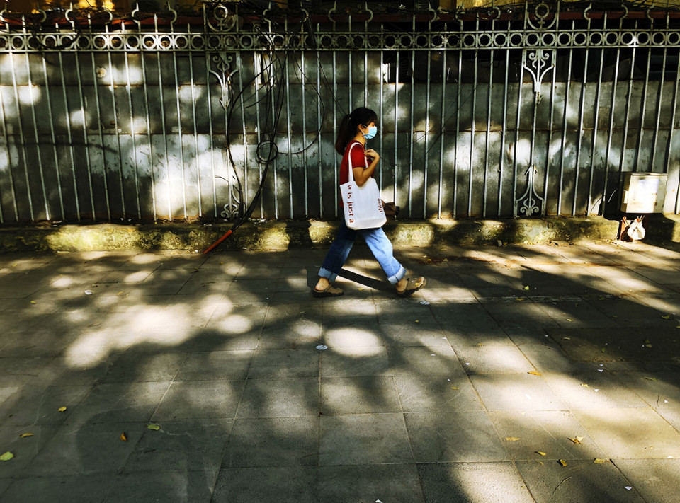 Hoa nắng đổ dài trên phố Lê Thánh Tông, Hoàn Kiếm. (Ảnh: Lâm Khánh/TTXVN)