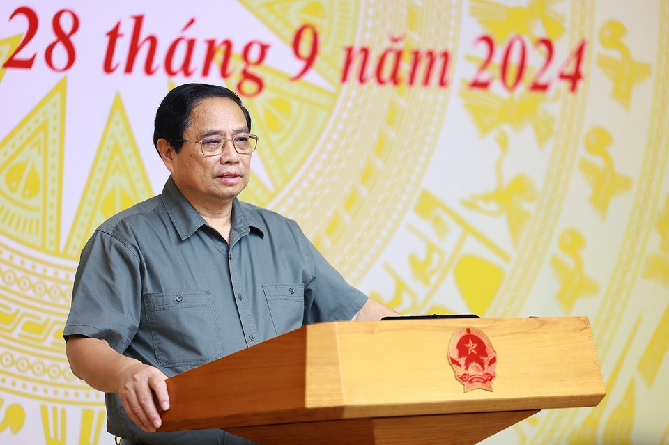 Thủ tướng Phạm Minh Chính chủ trì Hội nghị sơ kết công tác phòng, chống và khắc phục hậu quả bão số 3. (Ảnh: Dương Giang/TTXVN)