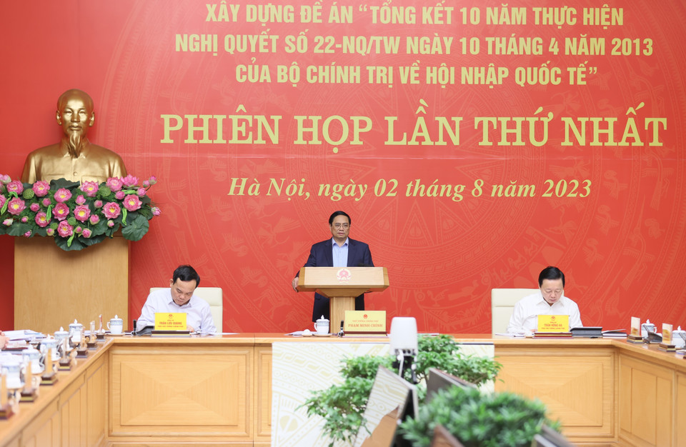 Sáng 2/8, tại Hà Nội, Thủ tướng Phạm Minh Chính, Trưởng Ban Chỉ đạo chủ trì Phiên họp lần thứ nhất Ban Chỉ đạo tổng kết 10 năm thực hiện Nghị quyết số 22 của Bộ Chính trị về Hội nhập Quốc tế. (Ảnh: Dương Giang/TTXVN)