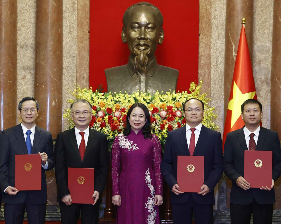 Quyền Chủ tịch nước Võ Thị Ánh Xuân trao quyết định bổ nhiệm cho các đại sứ. (Ảnh: Thống Nhất/TTXVN)