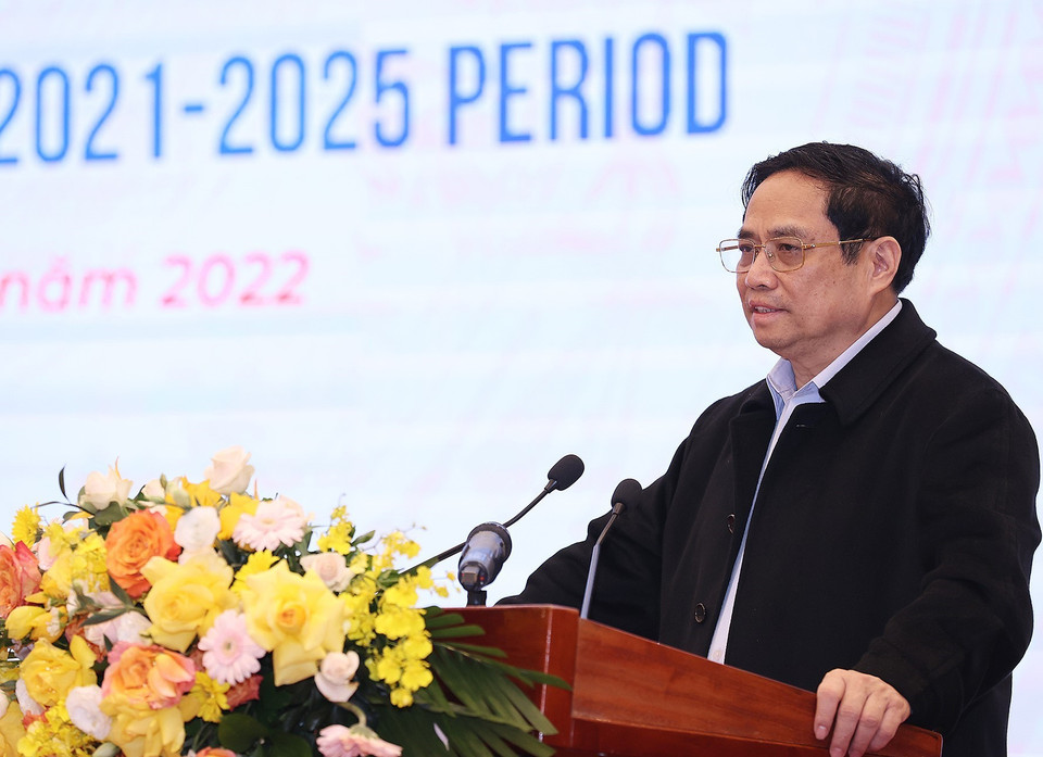 Hình ảnh Thủ tướng Phạm Minh Chính, Trưởng Ban Chỉ đạo phát biểu. (Ảnh: Dương Giang/TTXXVN)