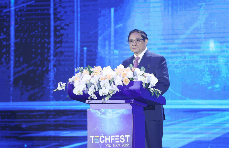 Thủ tướng Phạm Minh Chính phát biểu tại chương trình Dấu ấn TECHFEST Việt Nam 2022. (Ảnh: Dương Giang/TTXVN)