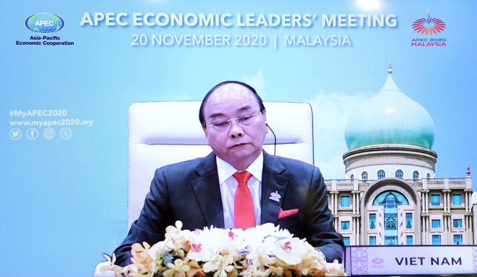 Thủ tướng Nguyễn Xuân Phúc phát biểu tại điểm cầu Hà Nội (ảnh chụp màn hình TV). (Ảnh: Thống Nhất/TTXVN)