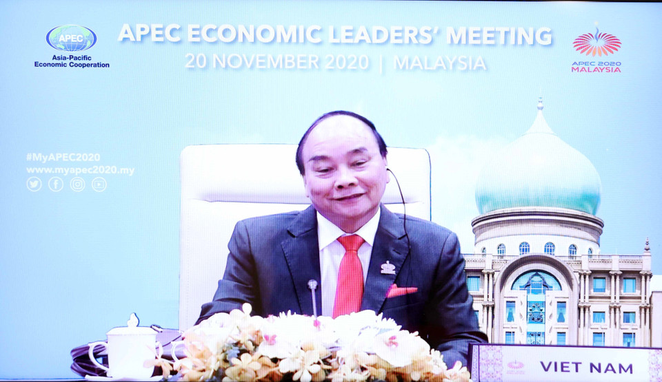 Thủ tướng Nguyễn Xuân Phúc phát biểu tại điểm cầu Hà Nội (ảnh chụp màn hình TV). (Ảnh: Thống Nhất/TTXVN)