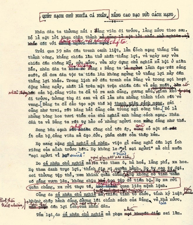 Một trang bản thảo bài viết của Chủ tịch Hồ Chí Minh: Nâng cao đạo đức cách mạng, quét sạch chủ nghĩa cá nhân (3/2/1969). (Ảnh: Tư liệu/TTXVN phát)
