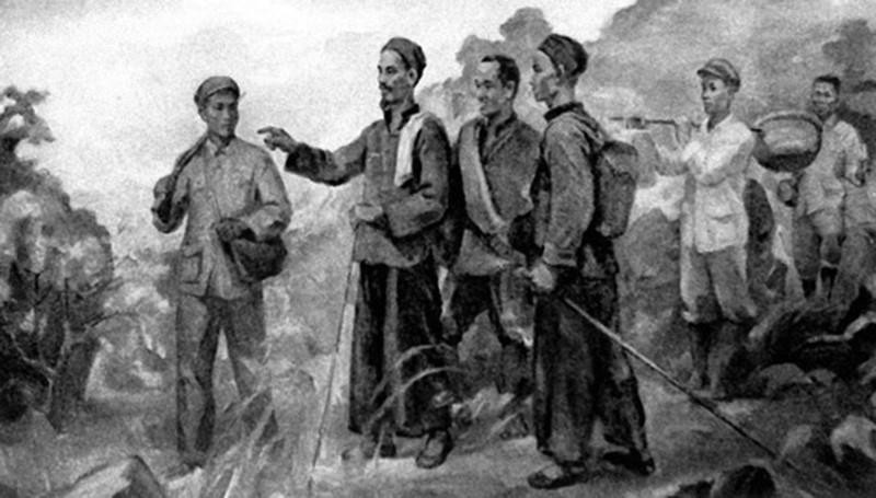 Sau 30 năm bôn ba, ngày 28/1/1941, Nguyễn Ái Quốc - Chủ tịch Hồ Chí Minh trở về nước và ở tại Pác Bó (Cao Bằng), trực tiếp lãnh đạo cách mạng làm nên cuộc Cách mạng Tháng Tám. (Tranh tư liệu/TTXVN phát)