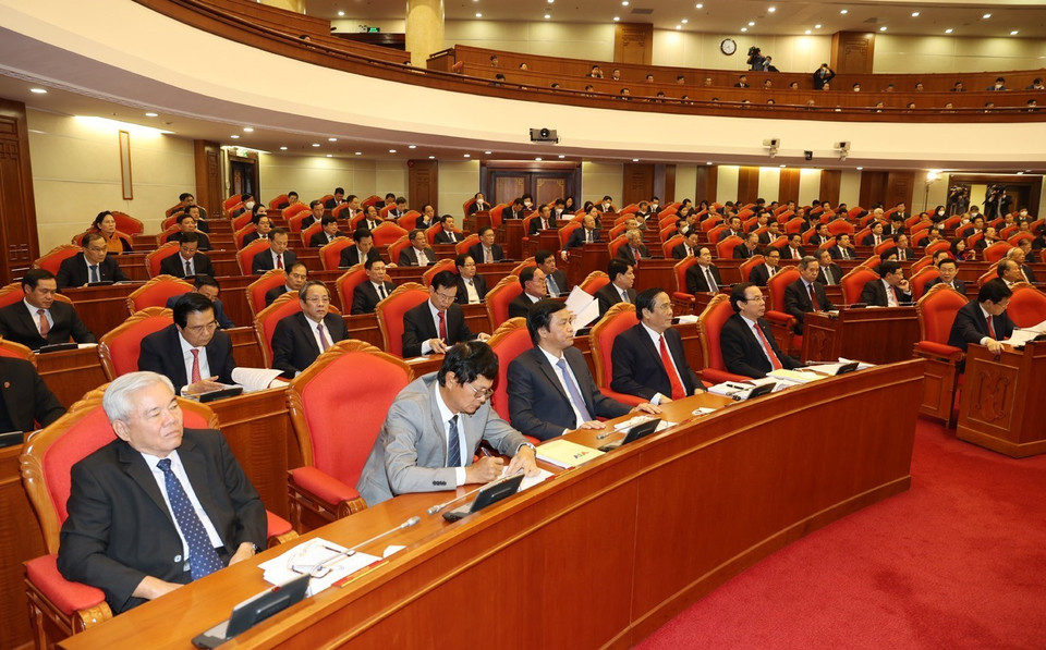 Các đồng chí lãnh đạo Đảng, Nhà nước và các đại biểu dự Hội nghị. (Ảnh: Trí Dũng/TTXVN)