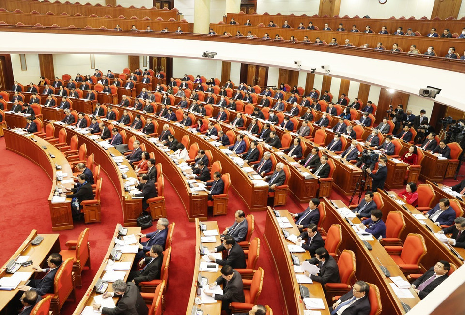 Các đồng chí lãnh đạo Đảng, Nhà nước và các đại biểu dự Hội nghị. (Ảnh: Trí Dũng/TTXVN)