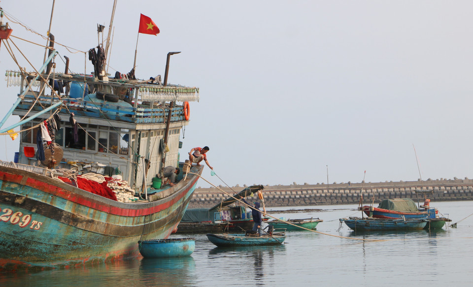 Cuộc sống hiện tại trên đảo tiền tiêu đã khá đầy đủ, có điện, có nước, rau xanh, khác xa với đảo chỉ có xương rồng, cát trắng trước đây. Trong ảnh: Ngư dân vào âu cảng Bạch Long Vỹ mua bán hàng hóa. (Ảnh: Minh Thu/TTXVN)