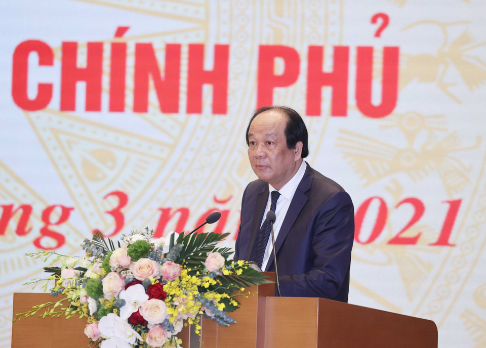 Bộ trưởng, Chủ nhiệm Văn phòng Chính phủ Mai Tiến Dũng, Tổ trưởng Tổ công tác của Thủ tướng báo cáo tổng kết 5 năm. (Ảnh: Thống Nhất/TTXVN)