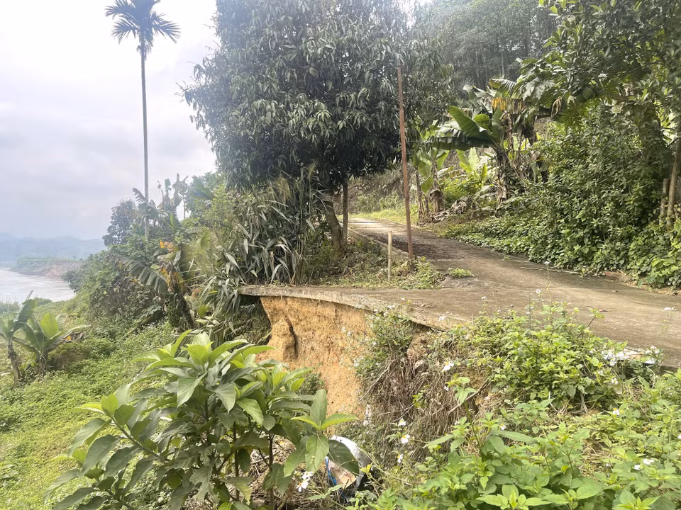 Đường đi vào các hộ gia đình sống ven sông ở thôn Đình Xây, xã Báo Đáp (Trấn Yên, Yên Bái) bị sạt lở nghiêm trọng, xuất hiện nhiều hàm ếch. (Ảnh: Tuấn Anh/TTXVN)