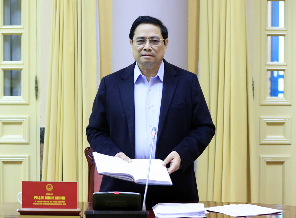 Ủy viên Bộ Chính trị, Thủ tướng Chính phủ Phạm Minh Chính, Phó Chủ tịch Hội đồng Quốc phòng và An ninh phát biểu. (Ảnh: Thống Nhất/TTXVN)